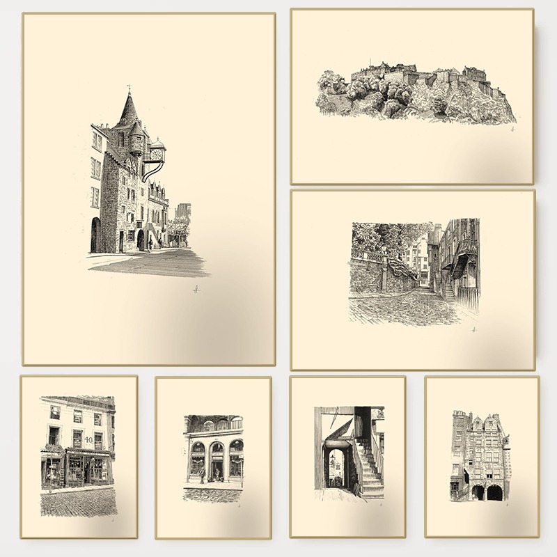 Home Cinema Wall - Vintage Edinburgh Castle Pen Ink Drawing