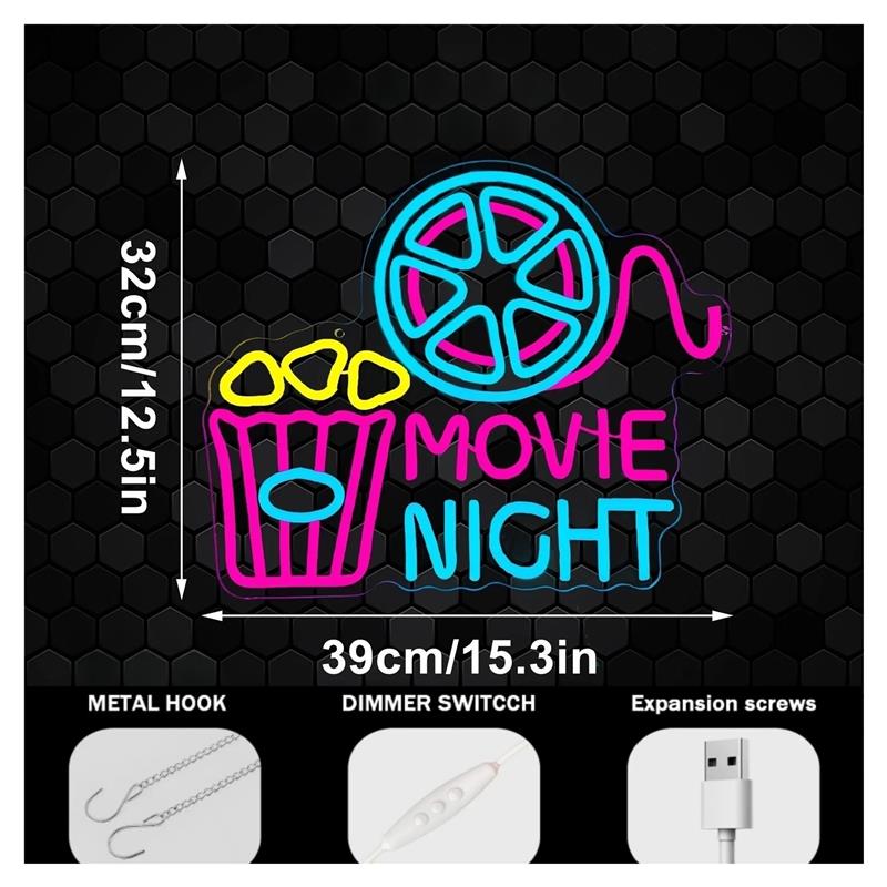 Movie Night Neon Sign Popcorn  - Home Cinema Wall Lights 评论和价格